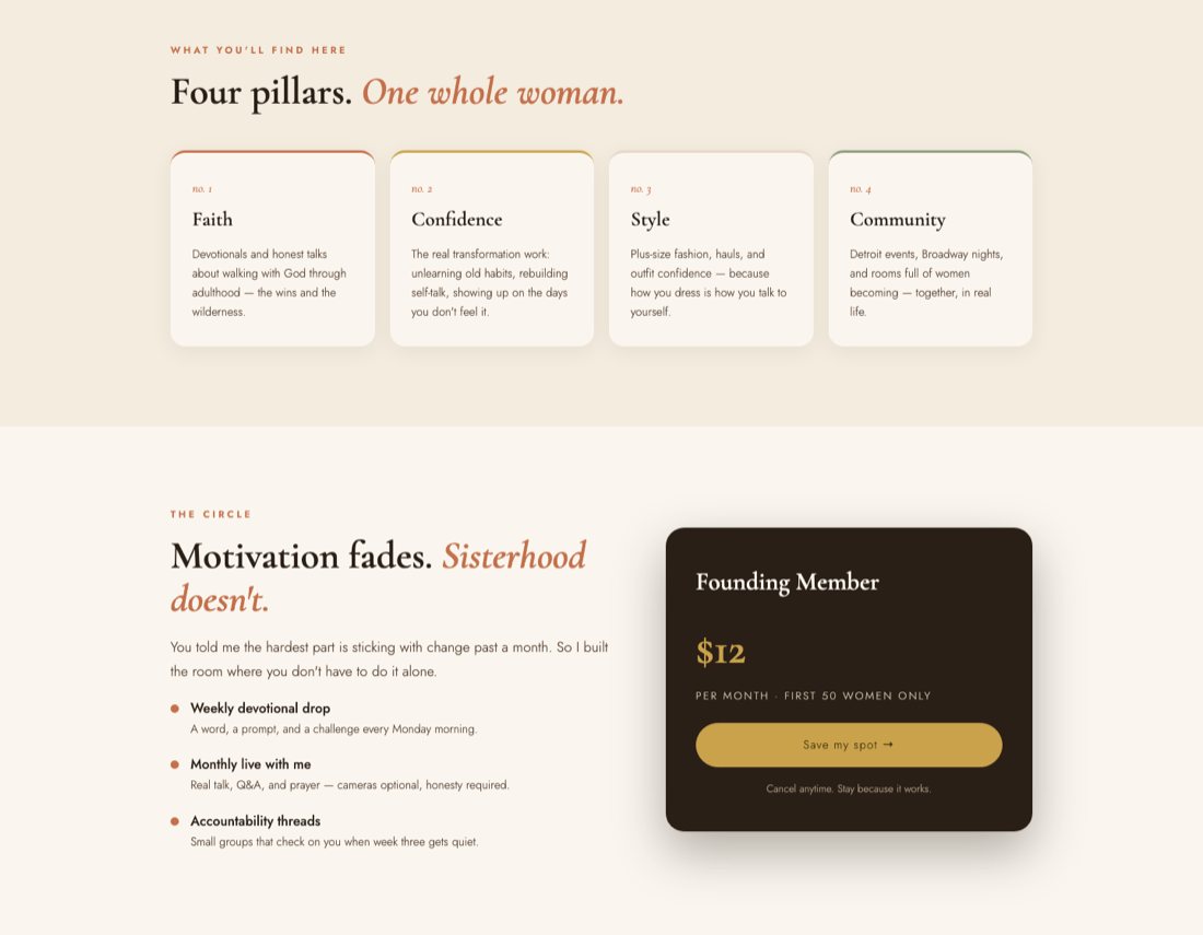Creator brand website — design, membership tiers, and product pages