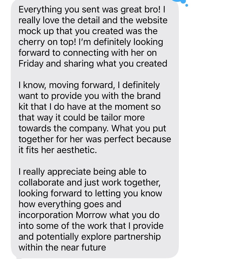 Client message: loved the detail and the website mockup, wants to bring the work into their own offering and explore partnership